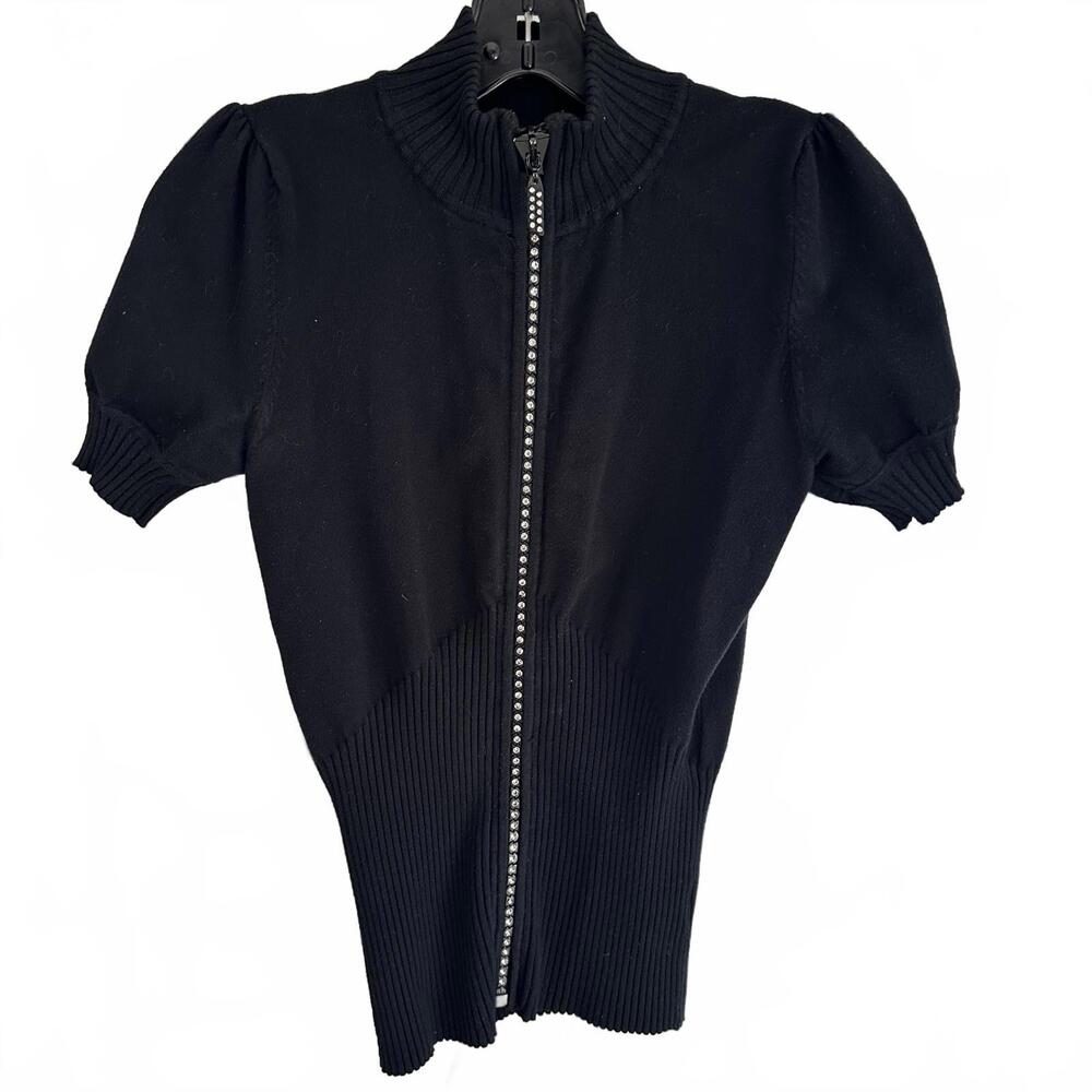 Belldini Women's Black Puffed Short Sleeve Rhinestone Full Zip Sweater - Medium